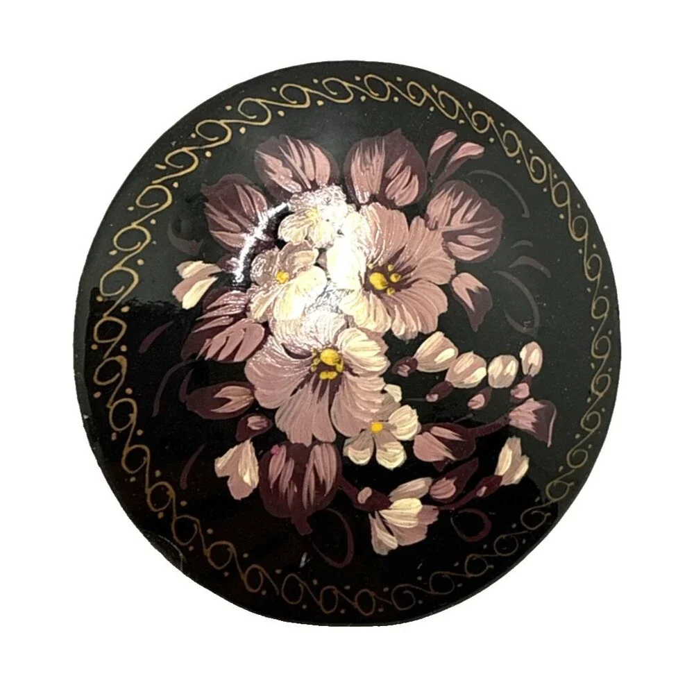 Vintage Russian Black Lacquer Floral Brooch Papier-mâché Hand Painted Pin 2